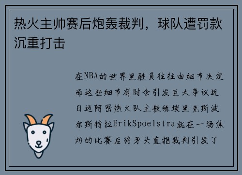 热火主帅赛后炮轰裁判，球队遭罚款沉重打击