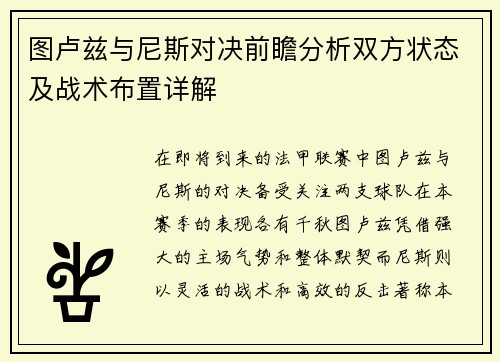 图卢兹与尼斯对决前瞻分析双方状态及战术布置详解
