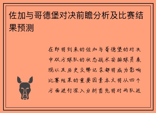 佐加与哥德堡对决前瞻分析及比赛结果预测