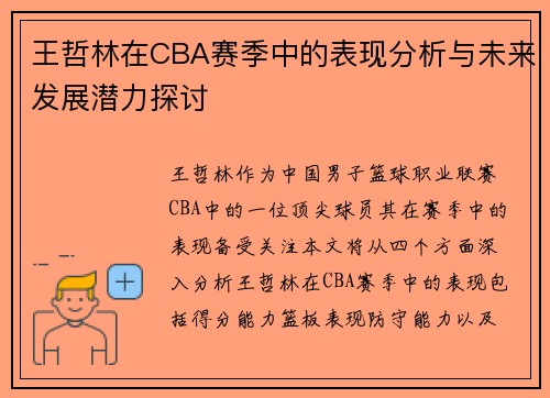 王哲林在CBA赛季中的表现分析与未来发展潜力探讨